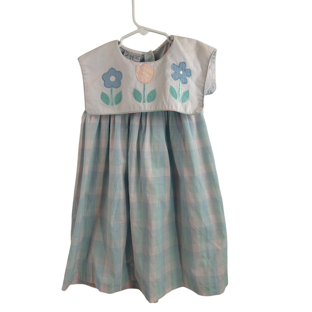 Samara Gingham Floral Bib Dress Size 6 Pastel Plaid Applique Kids